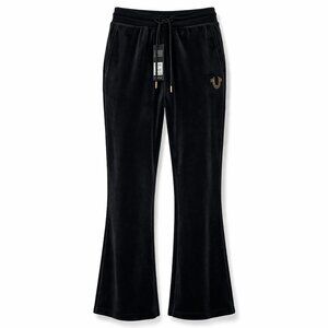 True Religion Velour Straight Leg Pants Black Gold Rhinestone Logo NWT Size S